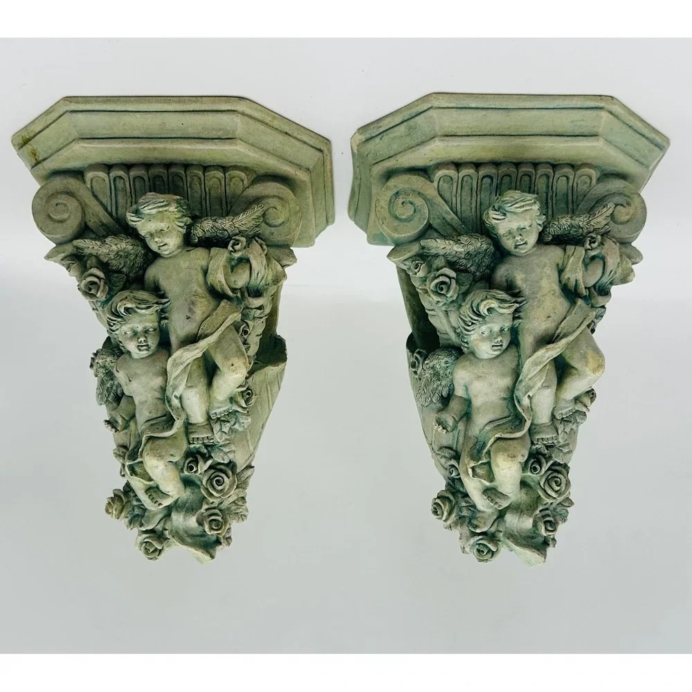 Wangs International Cherub Corbel Wall Shelf Pair Verdigris Resin WMC13